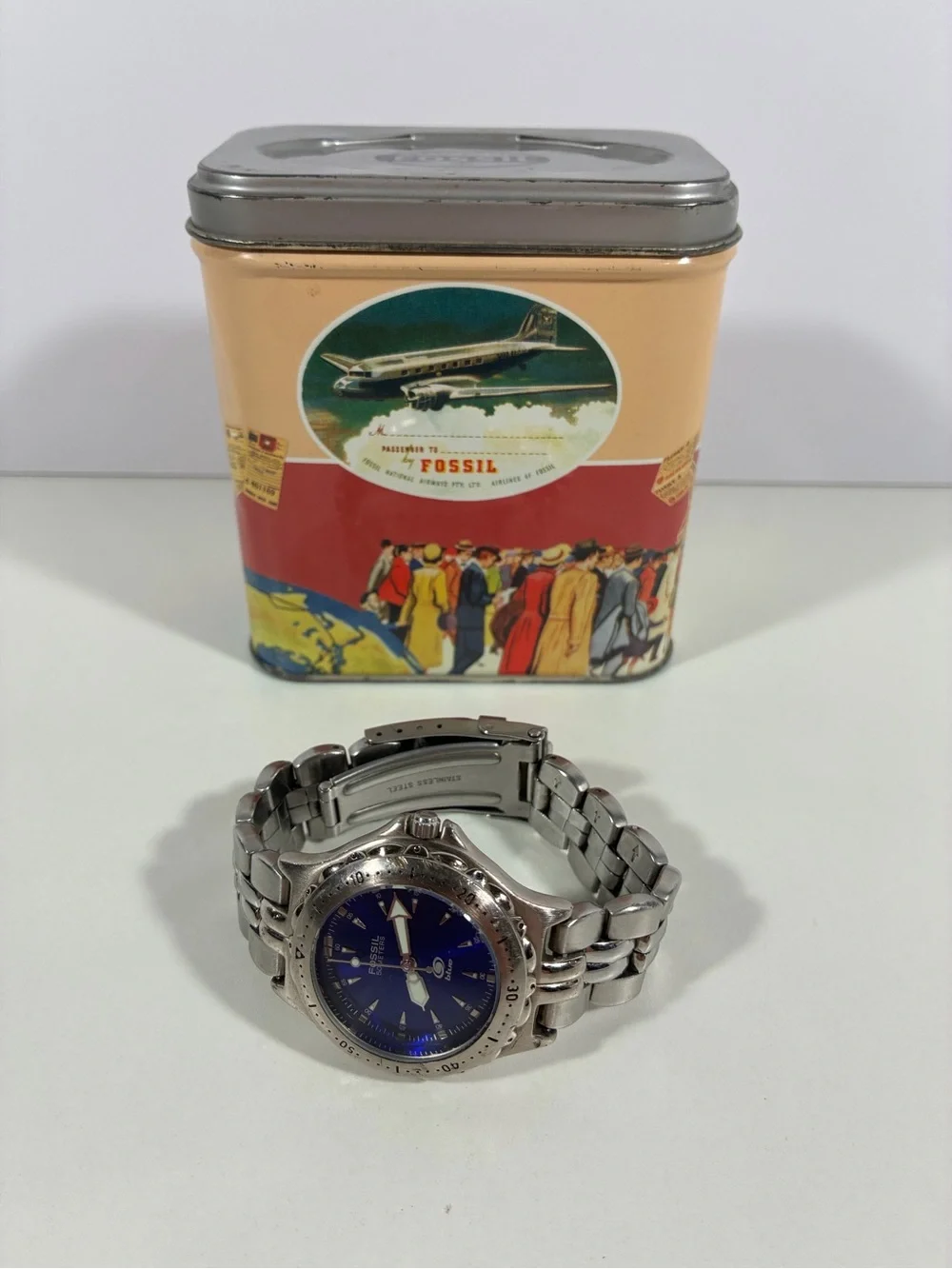 FOSSIL Blue AM-3175 Stainless Steel Quartz Analog Men's Watch Vintage Waterproof